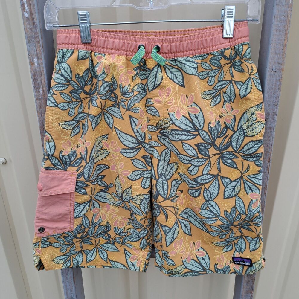 Patagonia Boys Large Baggie Boardshorts Swim Trunks Shorts Prairie Gold Leaves